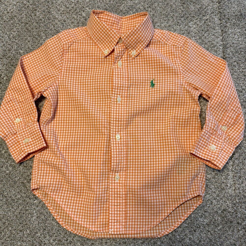 Polo Ralph Lauren Boys Size 2 2T Orange Gingham Plaid Fall Long Sleeve Shirt